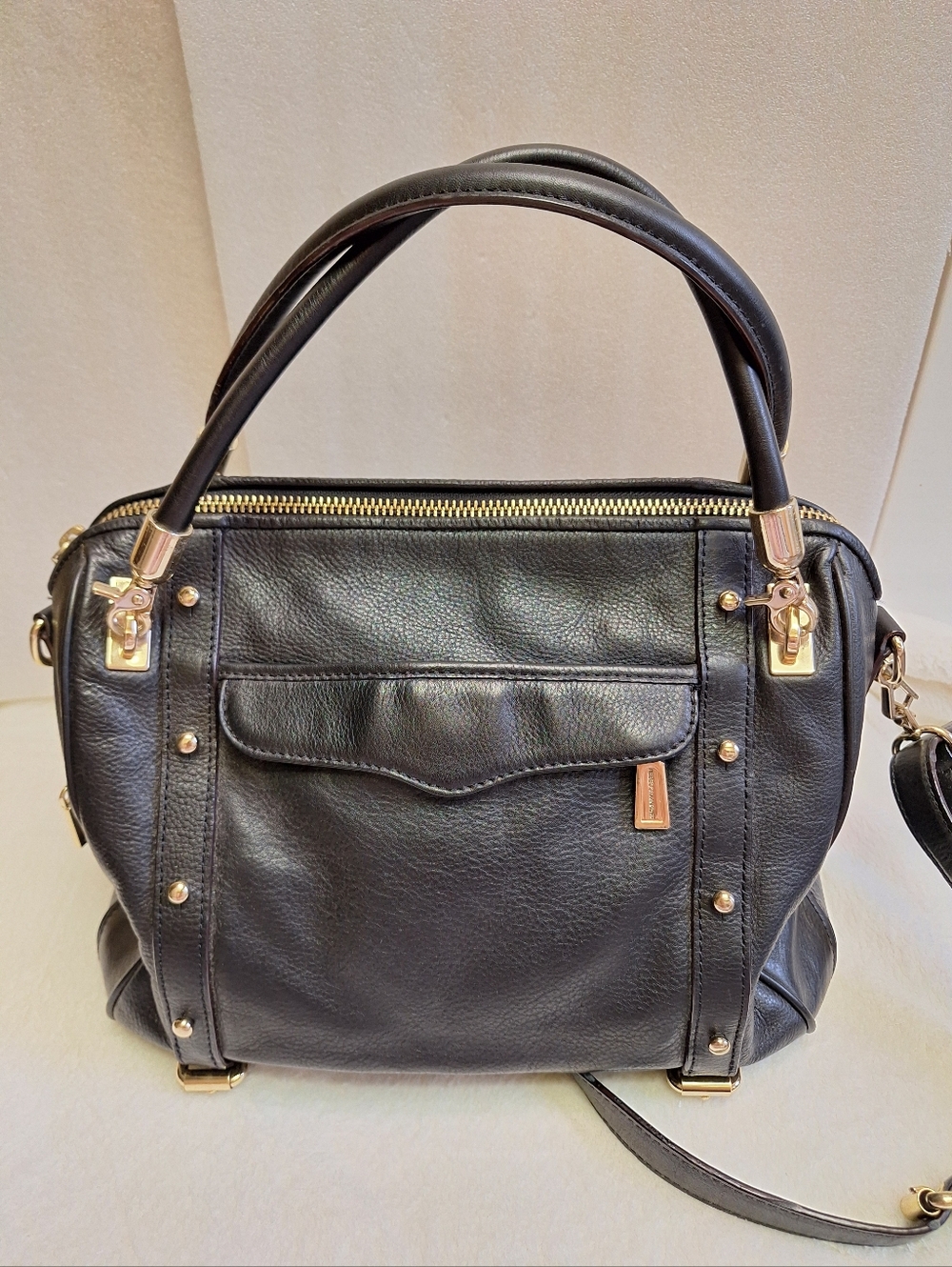 Rebecca Minkoff Cupid Satchel Black Pebbled Leather Gold Studded Bag VGUC - Picture 8 of 15